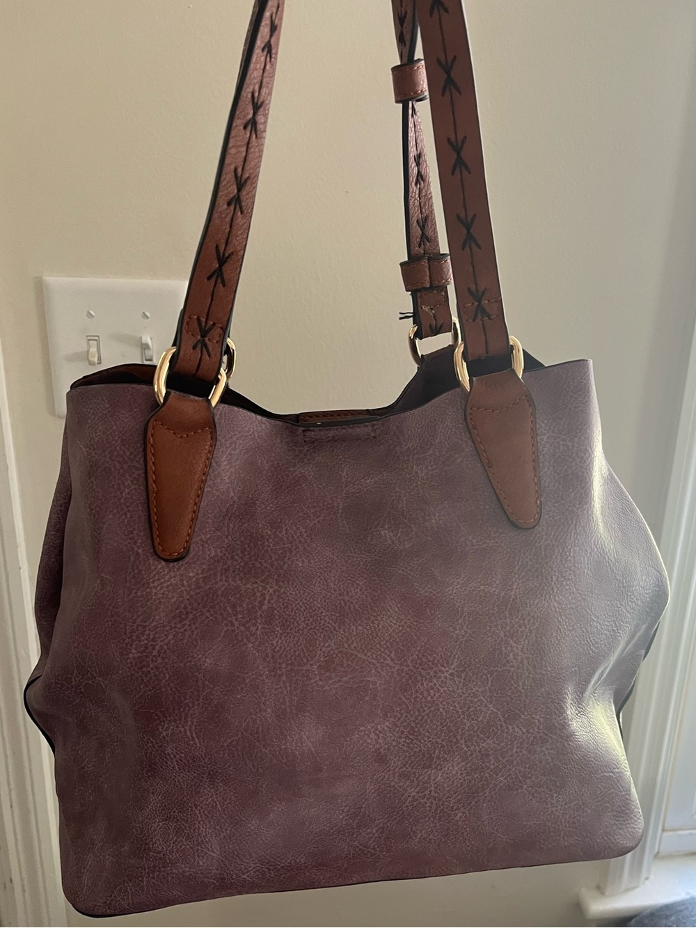 Dusty Mauve Shoulder Tote with Brown Accent Straps - Picture 2 of 7